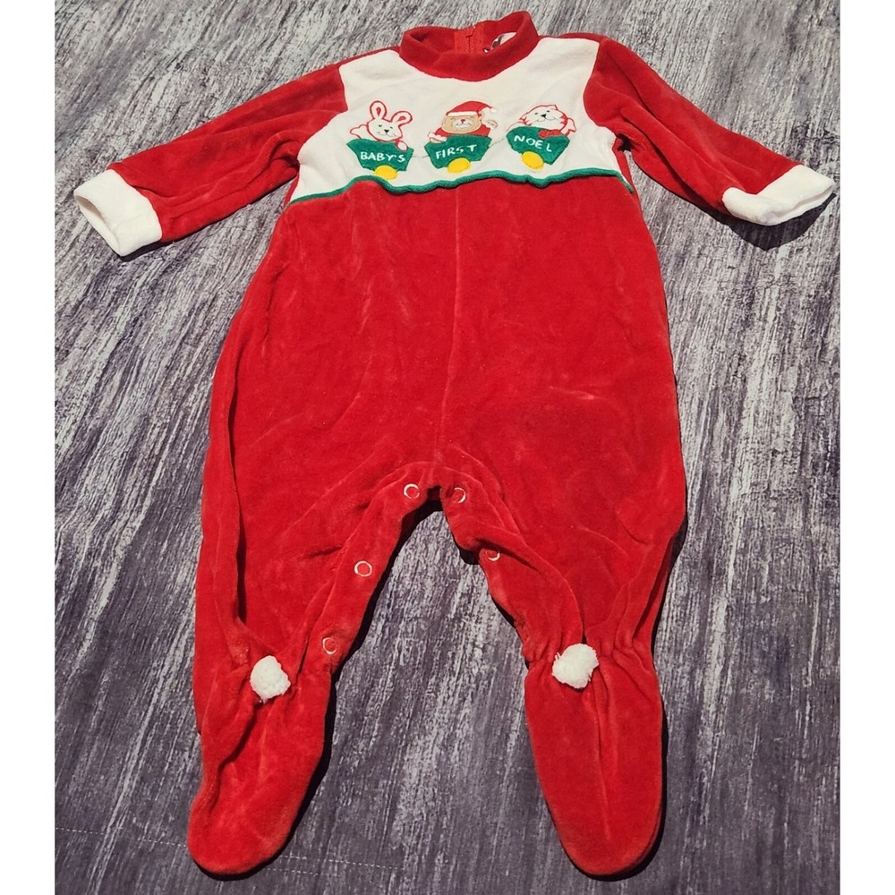 Baby's First Christmas Footed Pajamas Train Holiday‎ Outfit Red Vintage 6-9m
